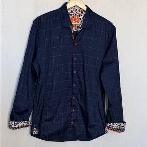 Au Noir Men's Navy Blue Checkered Geometric Flip Cuff Long Sleeve Shirt Size L